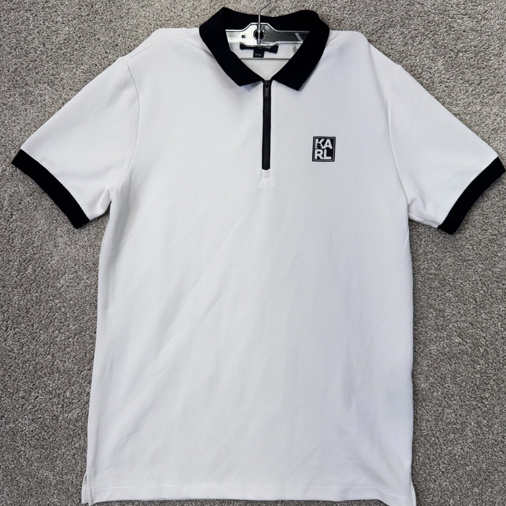 Karl Lagerfeld Polo Shirt Mens M Quarter Zip White Black Logo EUC